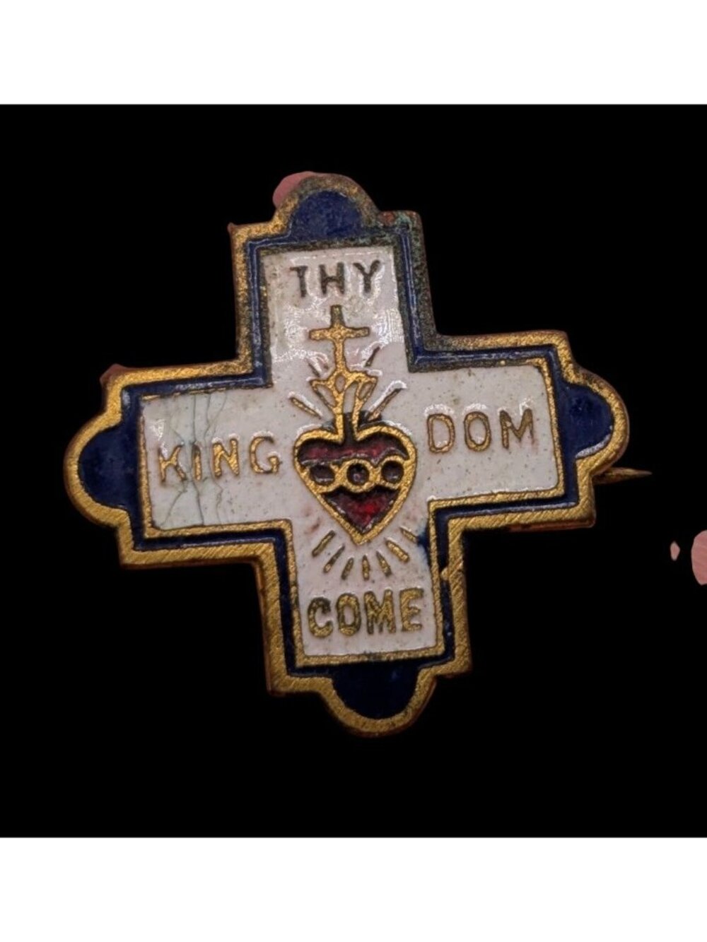 Vintage Thy Kingdom Come Sacred Heart Cross Enamel Religious Lapel Pin Brooch